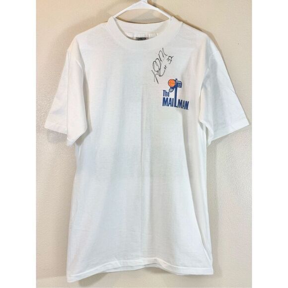 NWOT Vintage Oneita Single Stitch SIGNED The Mailman Karl Malone  Power T-Shirt - Picture 1 of 9
